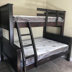 Solid Pine Wood Twin Size Over Full Size Bunk Bed With Mattress 