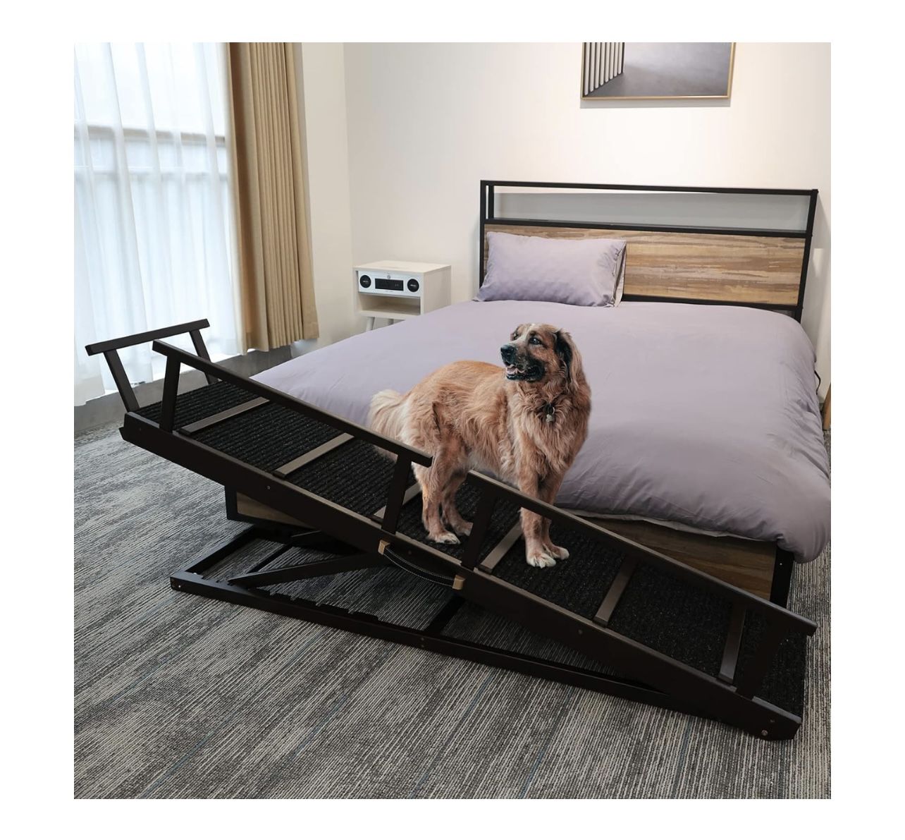 Pet Ramp Folding Portable Wooden Dog & Cat Ramp for Couch or Bed, Including Non Slip Mat & Safety Side Rails, 64.2 Inch Long and Height Adjustable fro