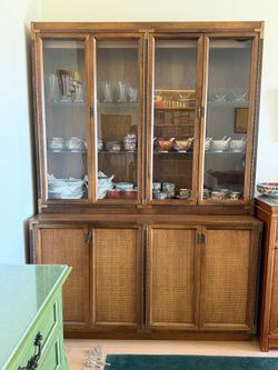 Mid-century walnut and rattan China Cabinet with Hutch