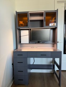 Modern Computer Desk with Hutch, Drawers, Cabinets & Built-In Lighting