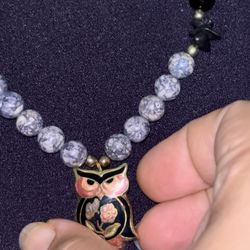 necklace Vintage Yellow Gold Plated Multicolor Cloisonne OWL Pendant 1 In Reversible ,with blue  Sodalite stone
