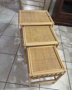 1990’s Coastal Style/ Bohemian Wheat Sheaf Rattan Nesting Tables.
