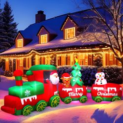 10.7 FT Christmas Inflatables Train Santa Claus Reindeer Snowman Tress Built-in LED Lights Party Holiday Outdoor Garden Lawn Yard Decorations