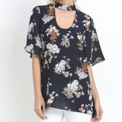 NEW Jodifl Navy Blue Floral Print Keyhole Top Size Medium 