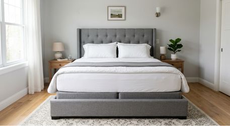 King Mattress, Grey Headboard & Base – Great Condition!