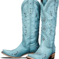 Cowboy Boots for Women- Knee High Western Cowgirl Boots Pointed Toe Chunky Heel.