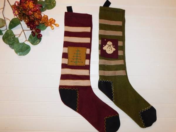 Christmas Stocking Burgundy & Moss Green Primitive Looking