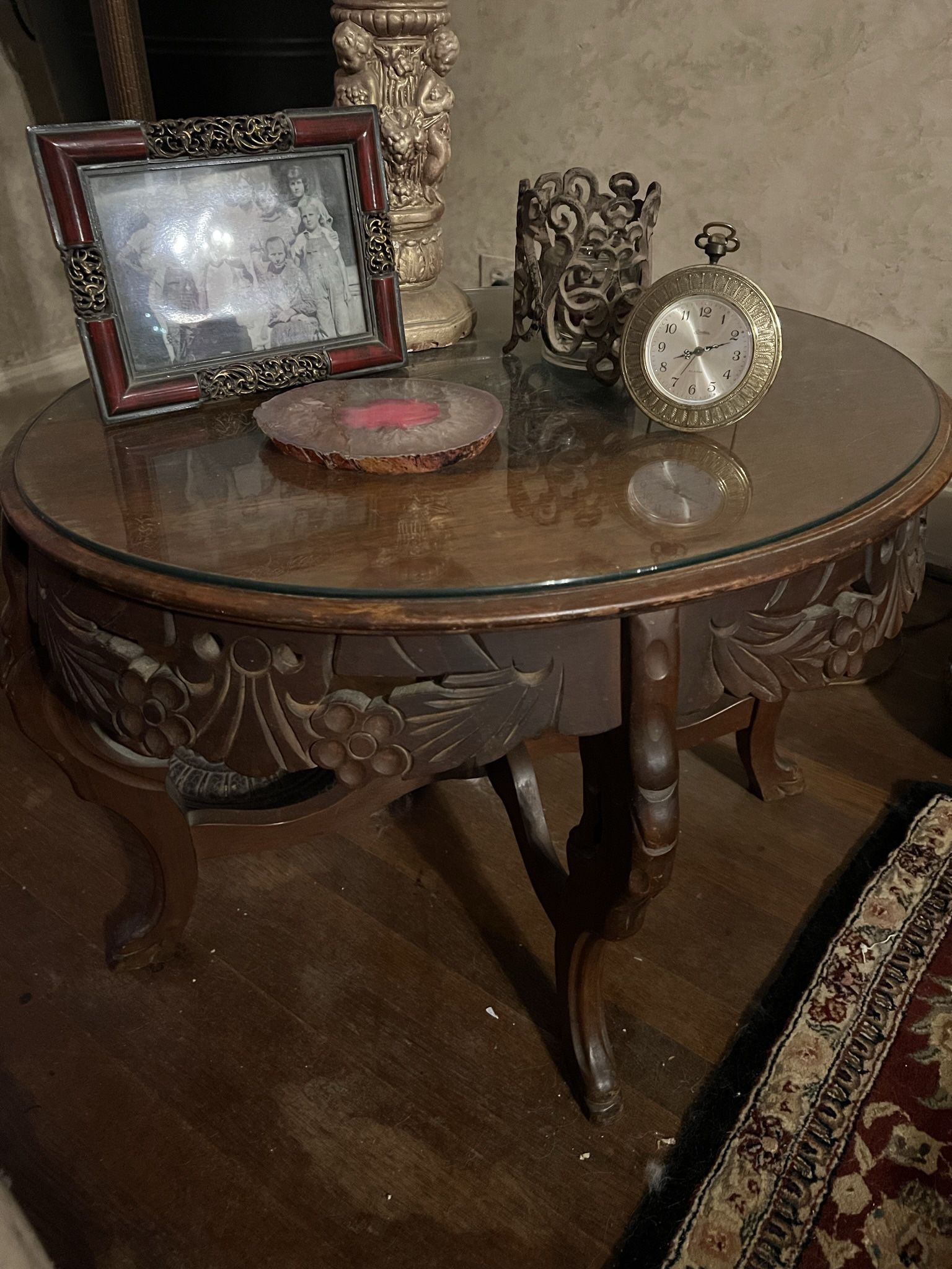 Antique Side Oak Table with Glass Top