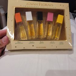 Jovan Florals Fragrance Collection gift set featuring five 1/4 fl. oz. colognes including Wild Honeysuckle, Island Gardenia, Black Orchid, Lily of the