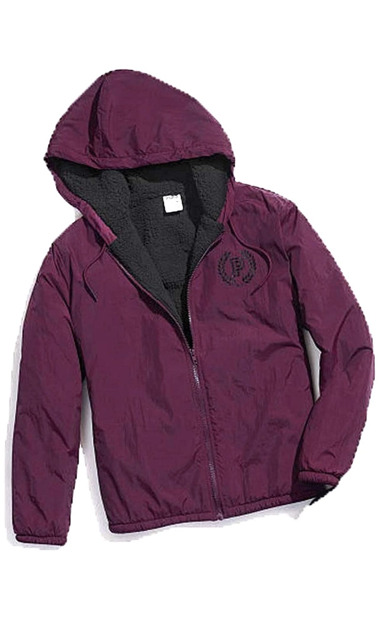 New Victoria's Secret Pink Full Zip Logo Sherpa Lined Jacket Anorak Windbreaker Black Orchid Maroon XS/S