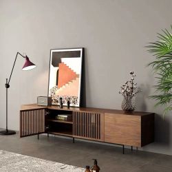 POVISON - 95" Mid-Century Modern Walnut TV Stand w/ Storage Cabinets [NEW] **Retails for $1200  <NO ASSEMBLY REQ>