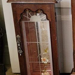 Vintage Single Etched Glass Door Wooden Jewelry Box 