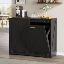 Double Tilt Out Trash Can Cabinet, Wooden Farmhouse Kitchen Garbage Bin Enclosure with Negative Ion Odor Control, Hidden Dog Proof Trash or Laundry Ba