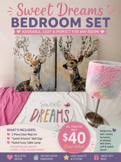 Kids Bedroom Decor Bundle – Deer Wall Art, Lamp & “Sweet Dreams” Sign – Excellent Condition