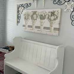 White Wood Bench , Canvas And Shelf 