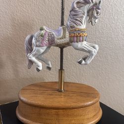 Vintage Carousel Horse Music Box with Oak Base