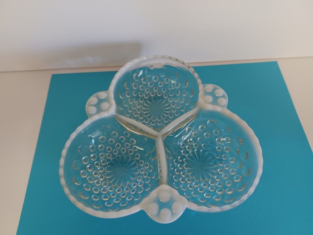 Vintage Fenton Opalescent Hobnail 3 Section Relish Dish