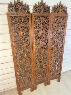 Boho Carved Wood Room Divider Panels 3 Separate pc