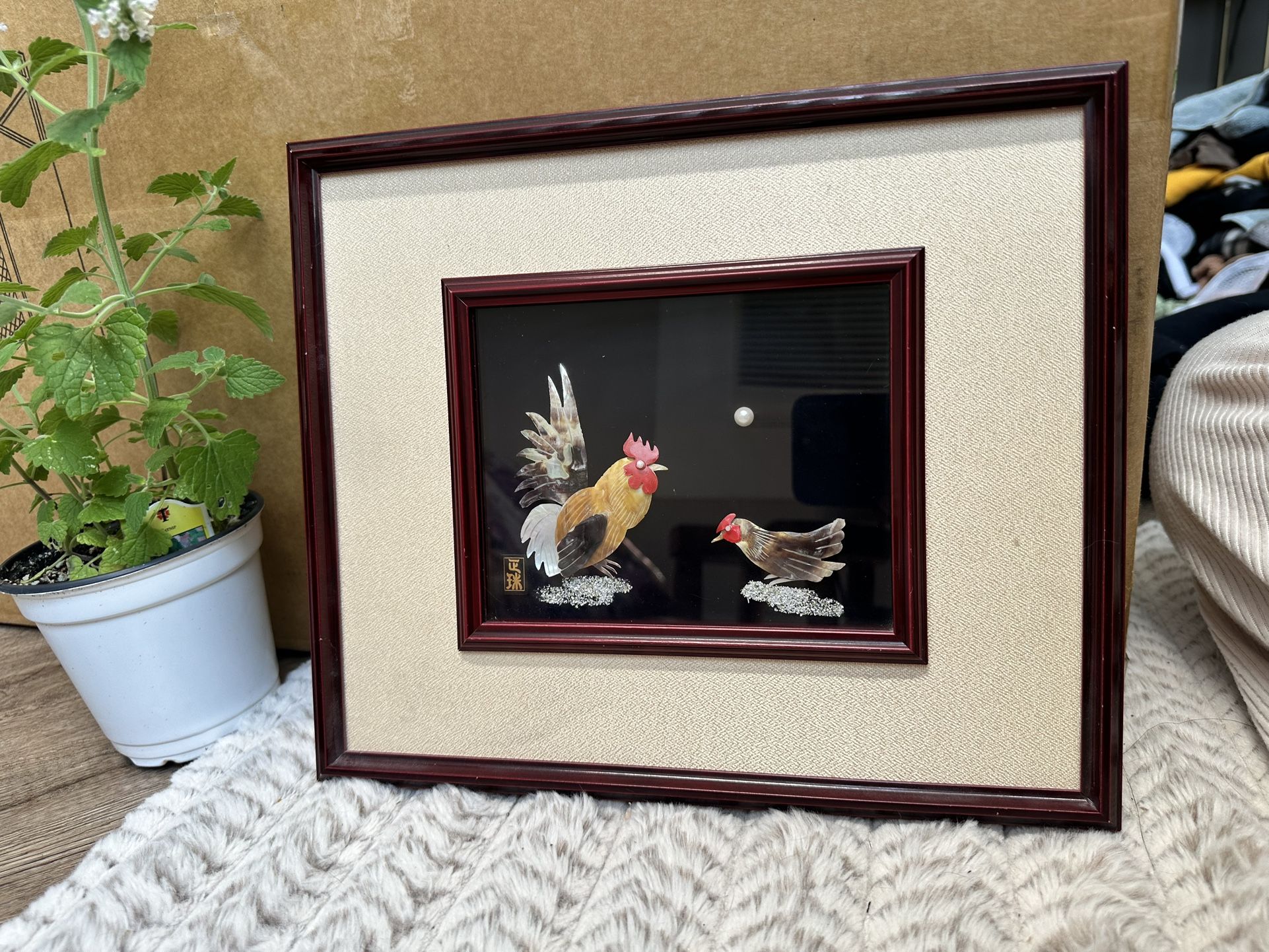 Framed Vintage Japanese mother of pearl and shell art Japanese shell art rooster And Chicken