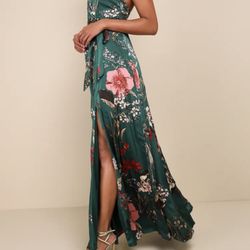 green emerald velvet dress Steph Satin Floral Print Dress