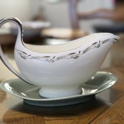 Vintage Wedgwood Sage Green & Silver Serving Set - Platter & Gravy Boat