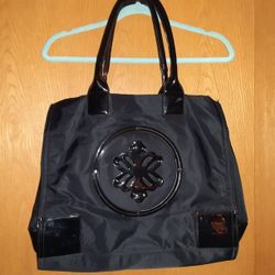 Large Black Tote Bag, Nylon With Patent Leather Accents 