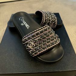 CHANEL Tweed Lambskin Chain Flat Sandals 36 Black Multicolor