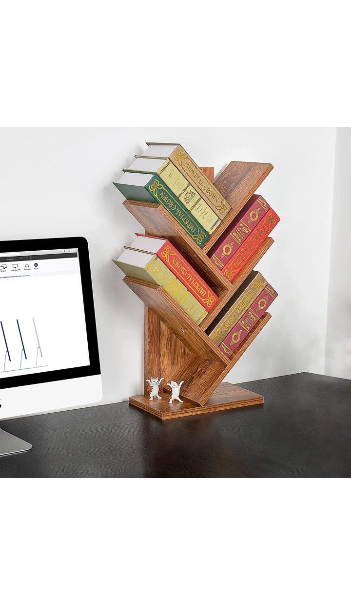 Tree Bookshelf, 4-Tier Book Storage Organizer Shelves Desk / Floor Standing Bookcase, Wood Storage Rack

