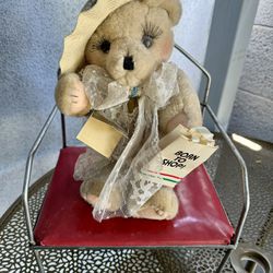 Country Cozy's Vintage Born to Shop Bear Plush Tan Lace Outfit Feather Hat Jointed