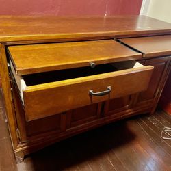 Vintage Solid Wood Dresser With Mirror And Embodied Medal Details 