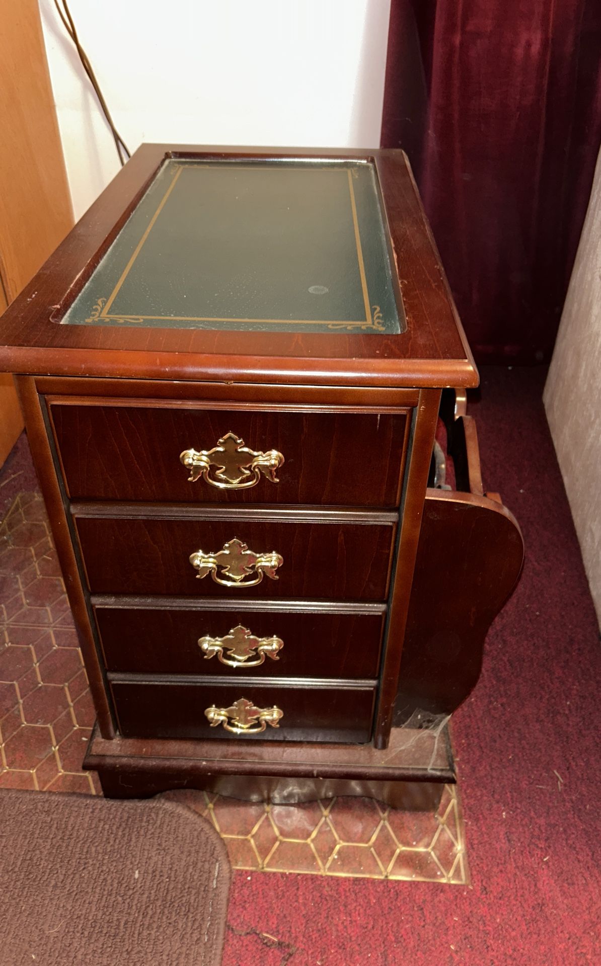 End Table With Book Holder And Storage Cherry Finish W/ Green Top