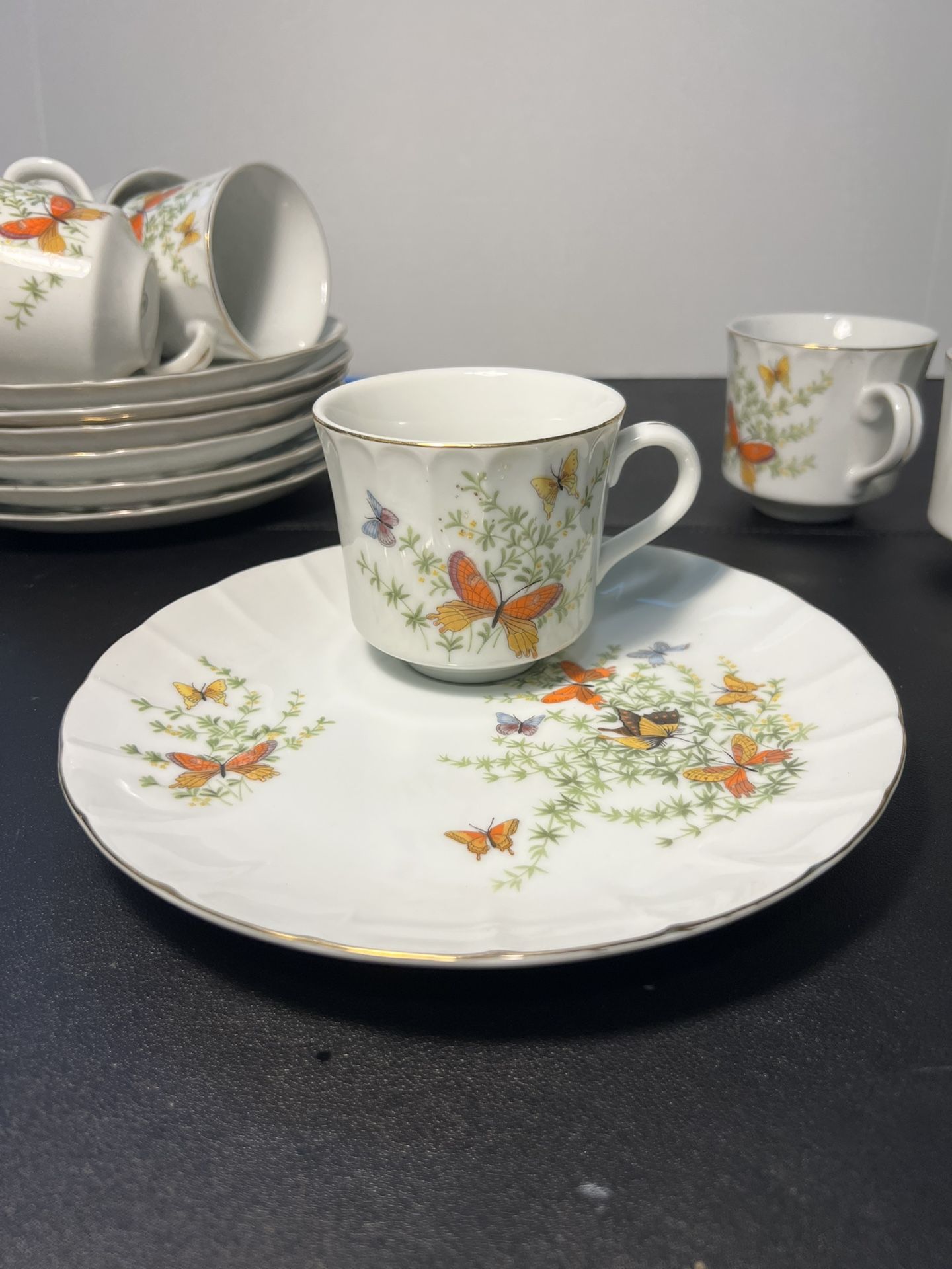 Stafford Co Japan 1960s “Ecstasy” Butterfly Porcelain 7 Demitasse Cups Saucers