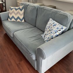 2-in-1 Pull out Sofa Bed couch, baby blue, full-size convertible couch bed with foam mattress, 2-seat loveseat sofa