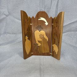 Vintage Handmade Wooden Inlay Nativity Scene Siwok Argentina Christmas Folding