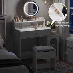    Vanity, Makeup Vanity Desk with Rotatable Mirror and Lights, White Make Up Vanity Table with 3 Adjustable Lighted and Chair, Makeup
