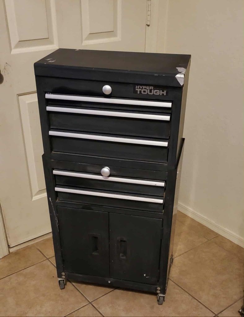 VINTAGE HYPER TOUGH BLACK CHROME SILVER STEEL METAL TOOL BOX CART COMBO SET