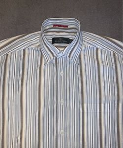 Bugatchi Uomo Mens Size Medium Shirt White Gray Blue Striped Pattern Long Sleeve
