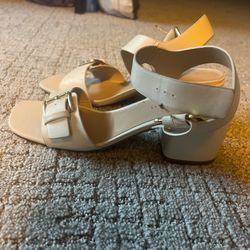 Beige Square Heels With Buckle 