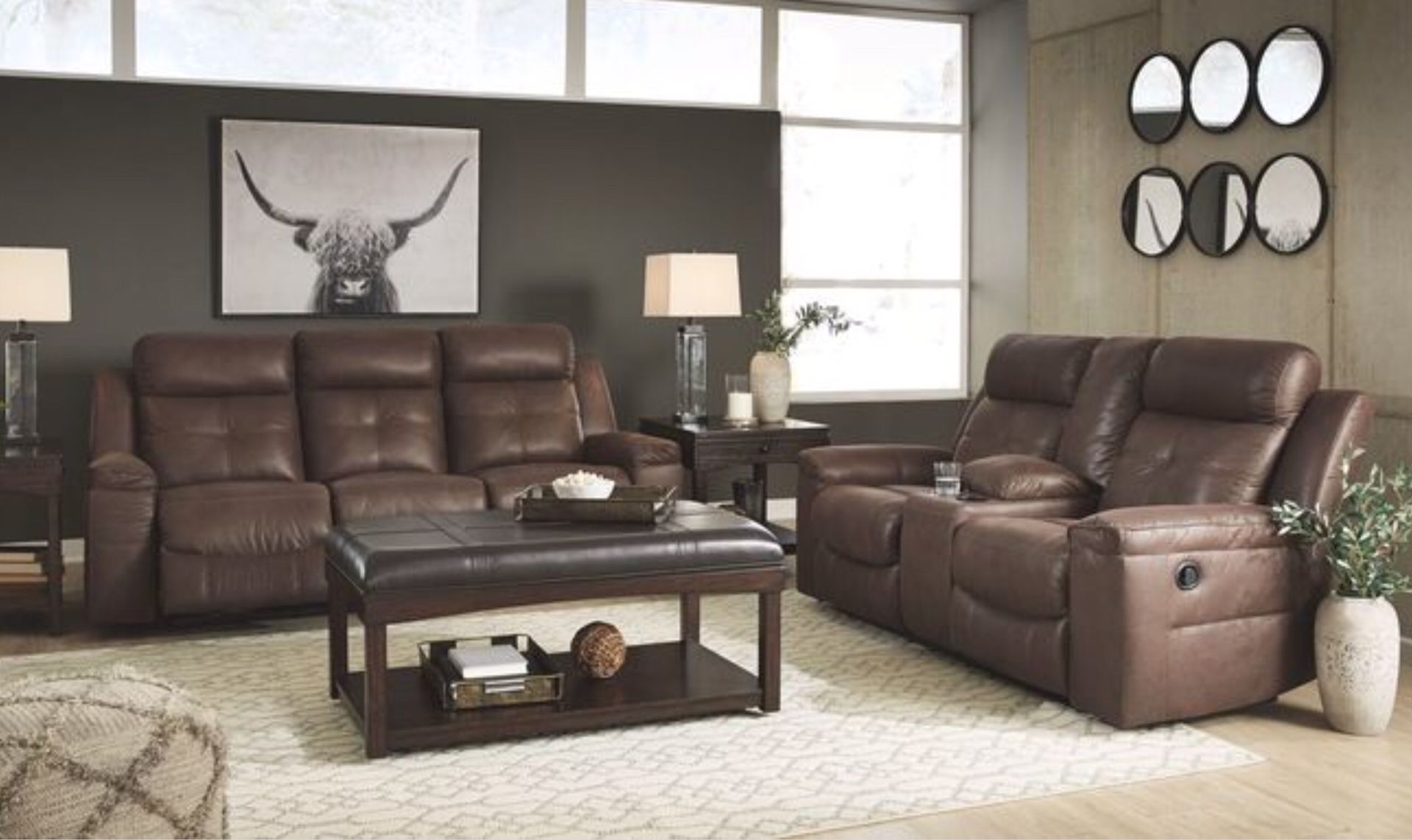ASHLEY reclining sofa and loveseat microfiber . loveseat has a center console with 2 cup holders .