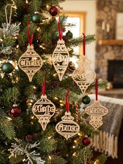 Set of 6 Handmade Wooden Christmas Hanging Ornaments, Religious Joy Noel Hope