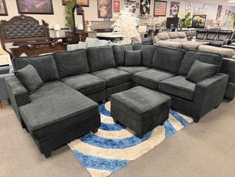 Dark Gray Fabric Sectional Sofa with Ottoman
