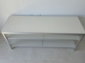 Gettorp TV stand, white glass top and aluminum frame