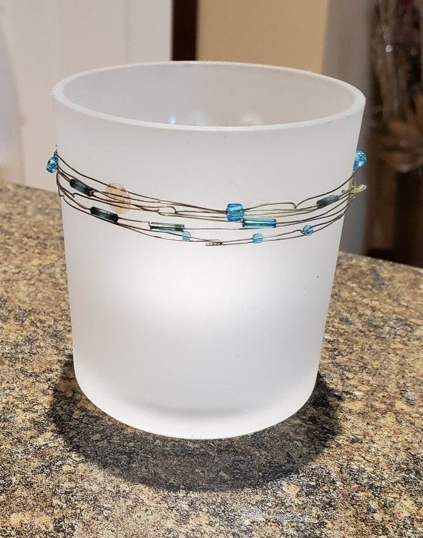 Blue Beaded Votive Candle Holder 