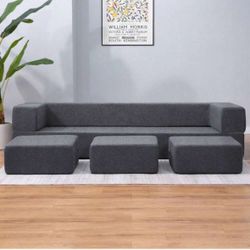 Queen Convertible Velvet Futon Sofa Bed With 3 Ottomans, Memory Foam Fold Out Couch Bed, Foldable Floor Sofa, 