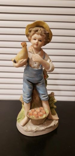Bisque Ceramic Figurine Boy with Chicken & basket of apples - Vintage farm Boy Figurine Decor gift
