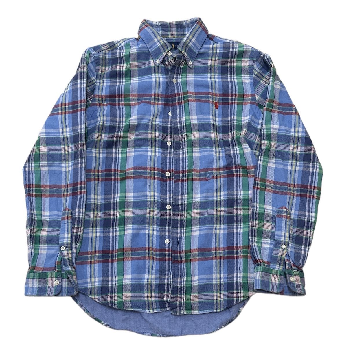 Ralph Lauren Button Down Men’s Medium Blue Plaid Multicolor Red Pony Long Sleeve