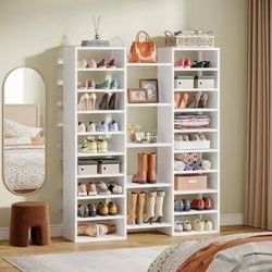 ❤️‍🔥 59 in. H x 47 in. W White Wood Shoe Storage Cabinet, 14-Tier Shoe Organizer with Large Capacity for Entryway$140