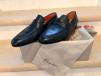 NEW Santoni Men's Black Leather Penny Loafers – Size US 11.5 (Goodyear Welted)