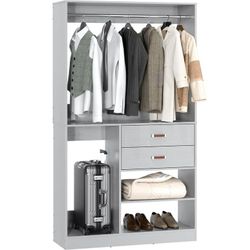 Freestanding Closet System with Suitcase Storage, 40 Inches Stand-Alone Wardrobe with 2 Wood Drawers