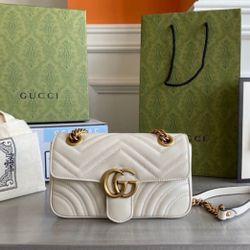 Gucci GG Marmont Shoulder Bag Gold Hardware White Matelassé Leather